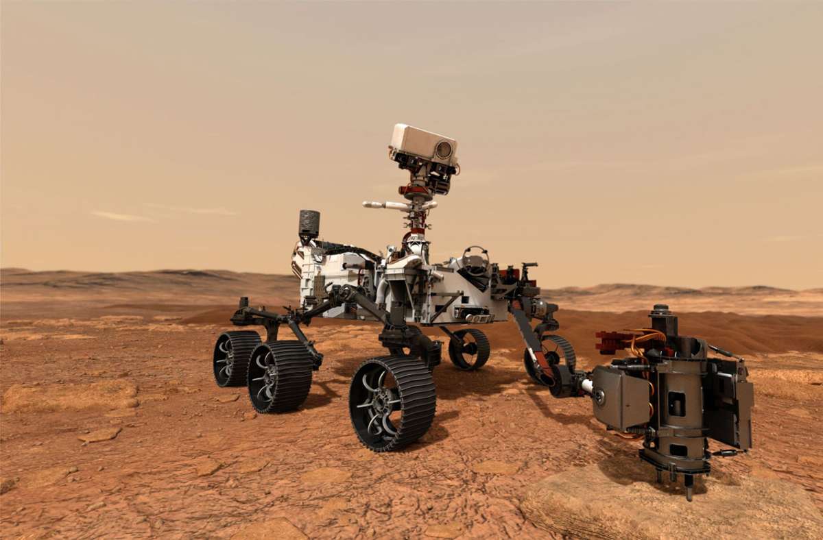 In dieser von der Nasa zur Verfügung gestellten Illustration verwendet der Nasa-Rover „Perseverance“ seinen Bohrer, um eine Gesteinsprobe auf dem Mars zu entnehmen. Im Februar 2021 soll mit „Perseverance“ der nächste Nasa-Rover auf dem Mars landen.