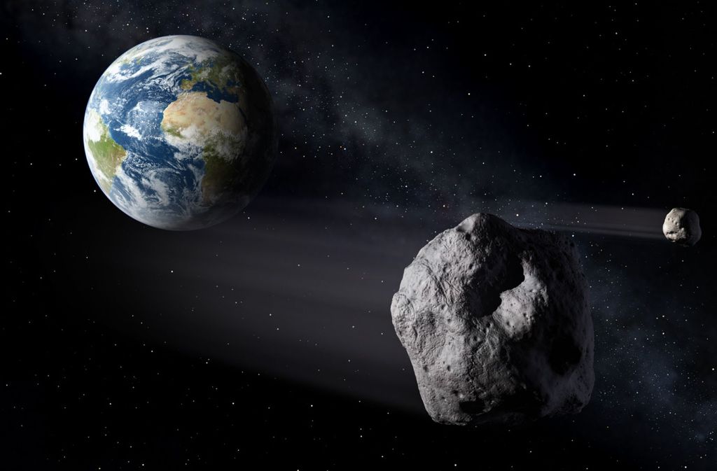 Im Februar 2015 raste der Asteroid 2012 DA14 an der Erde vorbei: Asteroiden sind Felsbrocken, die im Weltall herumfliegen. Sie stammen vermutlich aus der Zeit, als die Planeten entstanden sind. Einige sind klein wie ein Tennisball, andere sind mehrere Kilometer groß.