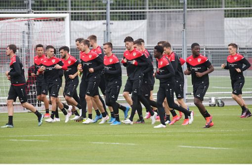 Der VfB-Tross beim Warmup auf dem Trainingsgelände. Foto: Pressefoto Baumann