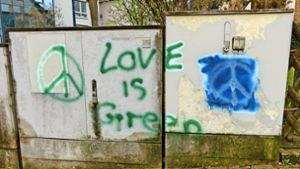 „Liebe ist grün“ – das Peace-Zeichen soll die Hakenkreuze überdecken. Foto: Carola Fuchs