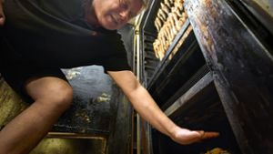 Fischwirt Martin Jeromin prüft die Temperatur im Ofen per Hand. Foto: Gottfried Stoppel