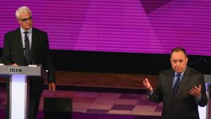 TV-Rededuell zwischen Schottlands Erstem Minister Alex Salmond (rechts), der für die Unabhängigkeit kämpft, und Alistair Darling, der für den Erhalt des Vereinigten Königreichs eintritt Foto: Getty