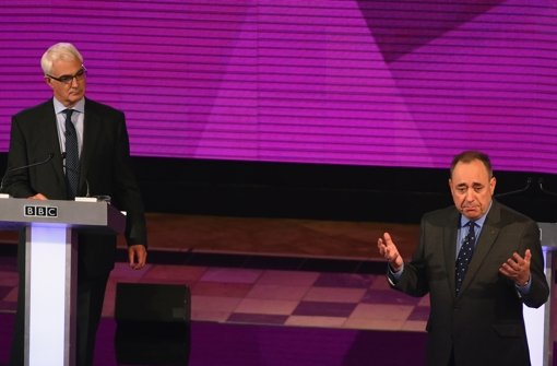TV-Rededuell zwischen Schottlands Erstem Minister Alex Salmond (rechts), der für die Unabhängigkeit kämpft, und Alistair Darling, der für den Erhalt des Vereinigten Königreichs eintritt Foto: Getty
