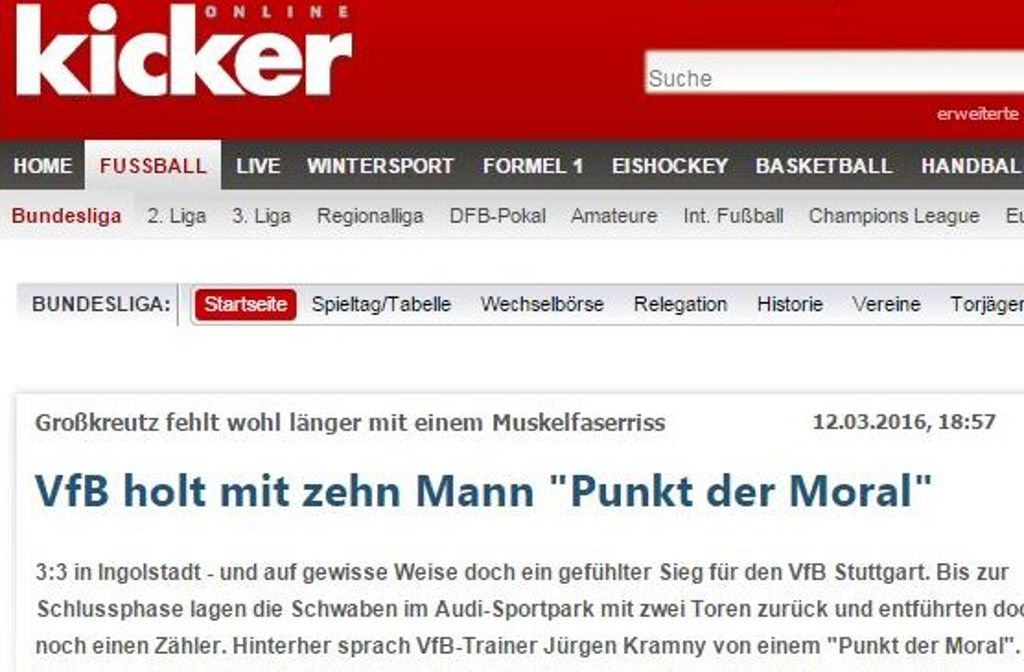 Vom gefühlten Sieg für den VfB Stuttgart spricht der Kicker.
