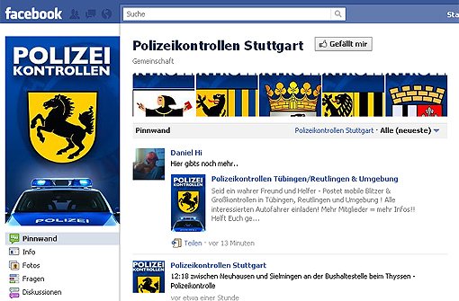 Die Facebook-Seite der Gruppe Polizeikontrollen Stuttgart Foto: Screenshot