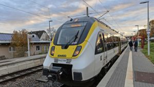 Am  Sonntagmorgen steht der Zug der Baureihe Bombardier Talent zur Probefahrt auf der Schönbuchbahn-Strecke bereit. Foto: Eibner/Dimi Drofitsch