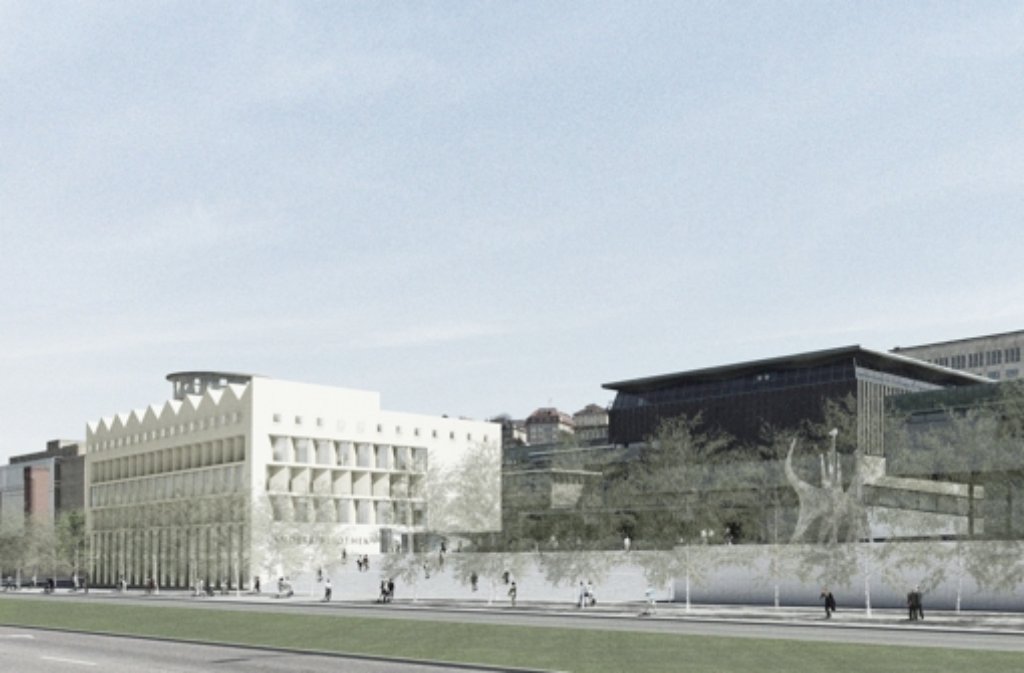 Im Modell des Stuttgarter Büros Lederer Ragnarsdóttir Oei ist der Erweiterungsbau der Württembergischen Landesbibliothek (links, Bestand rechts) bereits Realität.