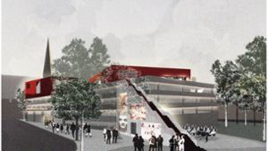 Der Entwurf „Pivot“ von Melissa Bauer und Annika Sieblitz sieht zwei Baukörper auf dem bestehenden Züblin-Parkhaus vor. Dazu eine Freitreppe mit Videoleinwand. Foto: Zueblin_Pivot_©_Bauer_Sieblitz