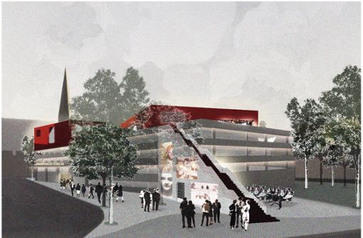 Der Entwurf „Pivot“ von Melissa Bauer und Annika Sieblitz sieht zwei Baukörper auf dem bestehenden Züblin-Parkhaus vor. Dazu eine Freitreppe mit Videoleinwand. Foto: Zueblin_Pivot_©_Bauer_Sieblitz